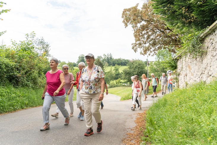Ältere Menschen spazieren zusammen draussen in der Natur.
